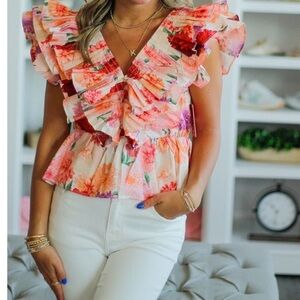 Buddy Love XS Floral Ruffle V-Neck Sleeveless Top 100% Cotton, Pre-Owned EUC